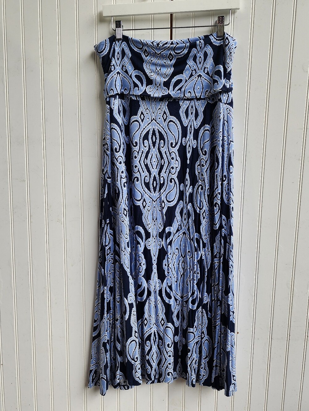 INC International Concepts Fold Over Skirt Navy Blue Geo Damask Print Rayon L